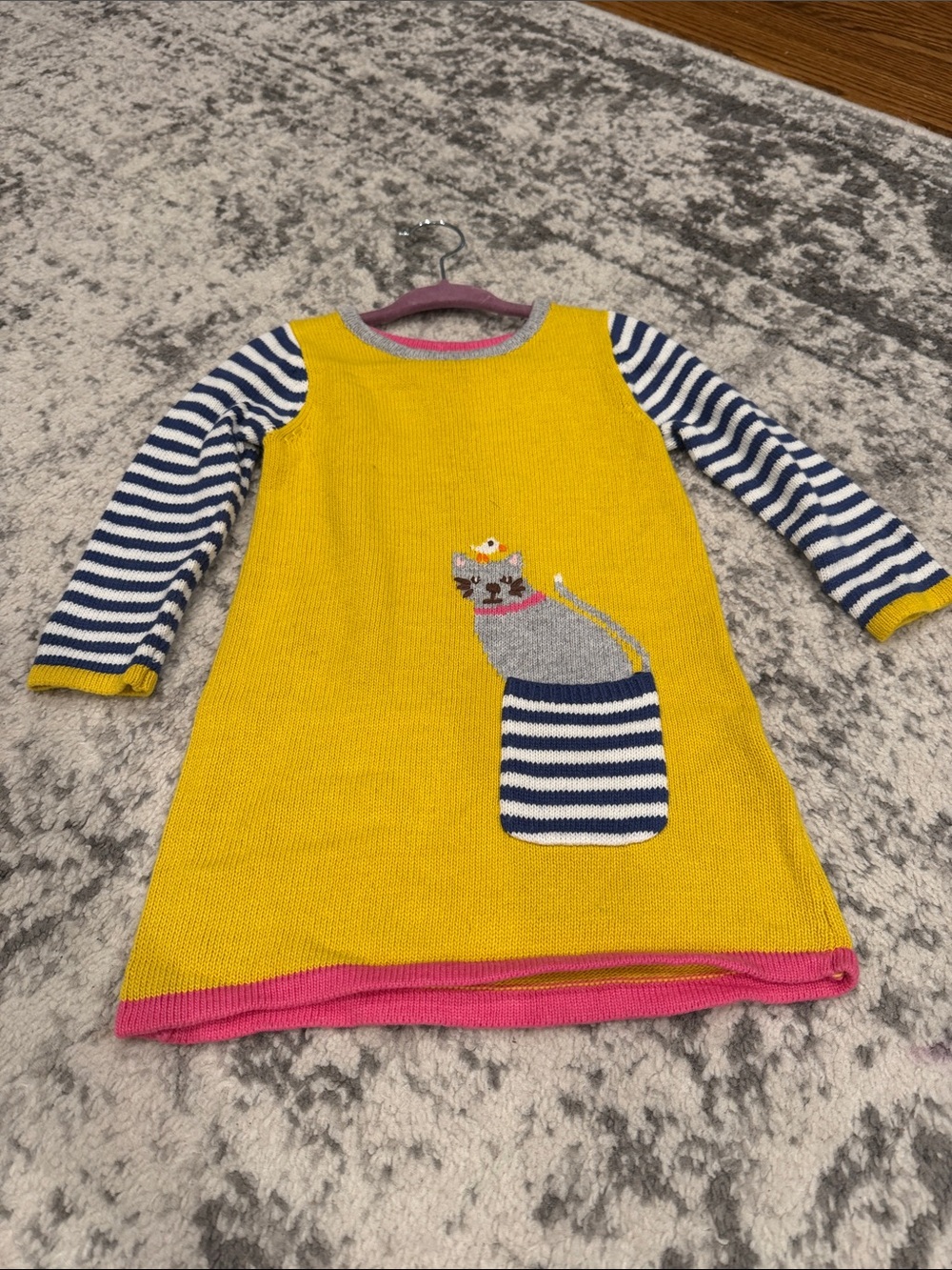 Baby Biden Girls' Yellow Knit Dress Top with Striped Sleeves and Cat Pocket